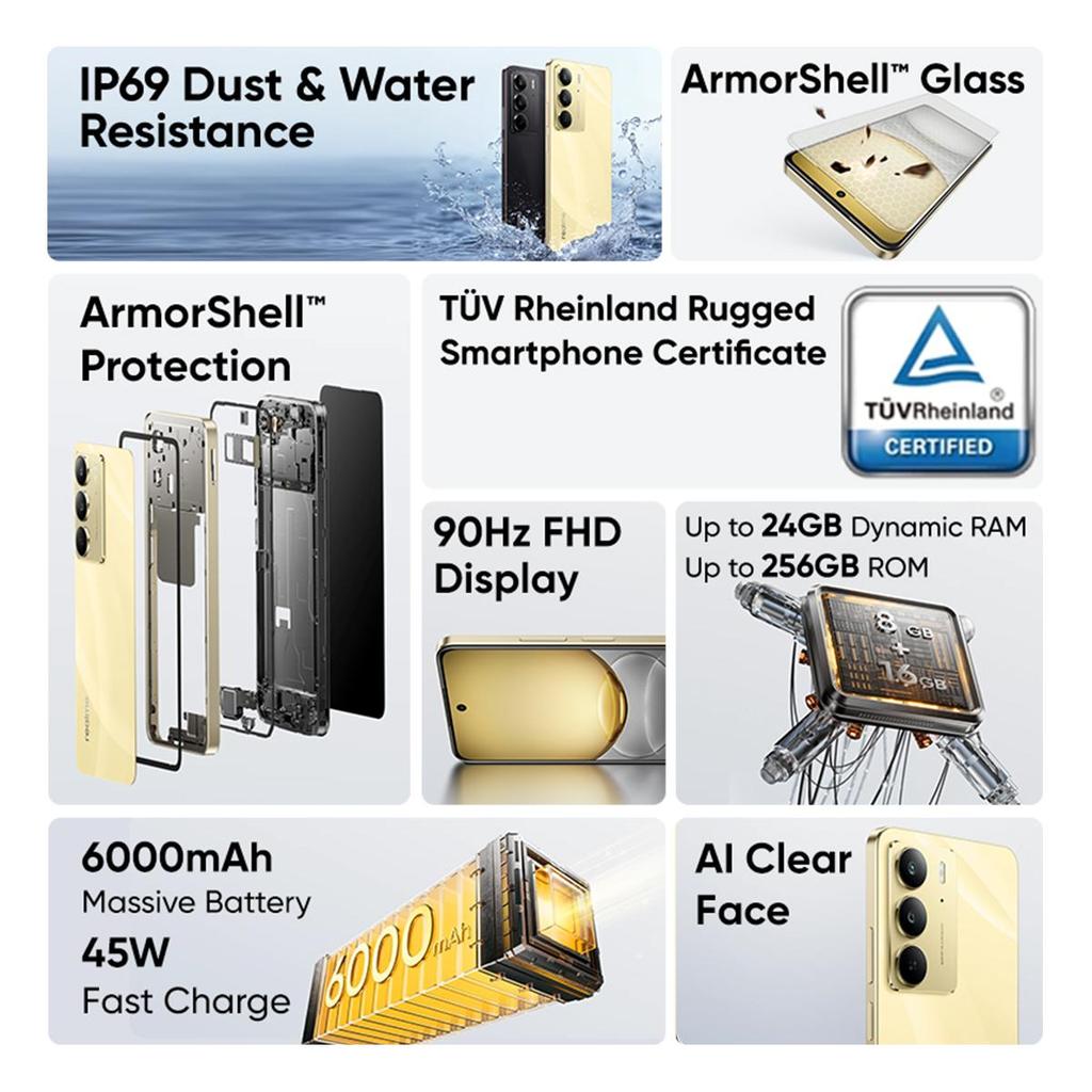 Realme C75 6000mAh Battery 45W Fast Charging IP69 Waterproof Rugged Smartphone 6.72" 90Hz Display