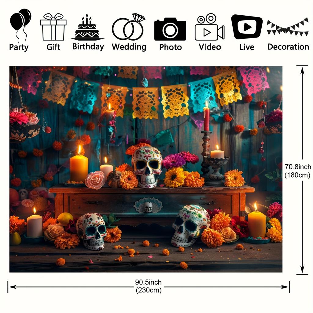 A vibrant Mexican carnival of the Day of the Dead background - decorated with colorful fly grass, candles and sugar skulls