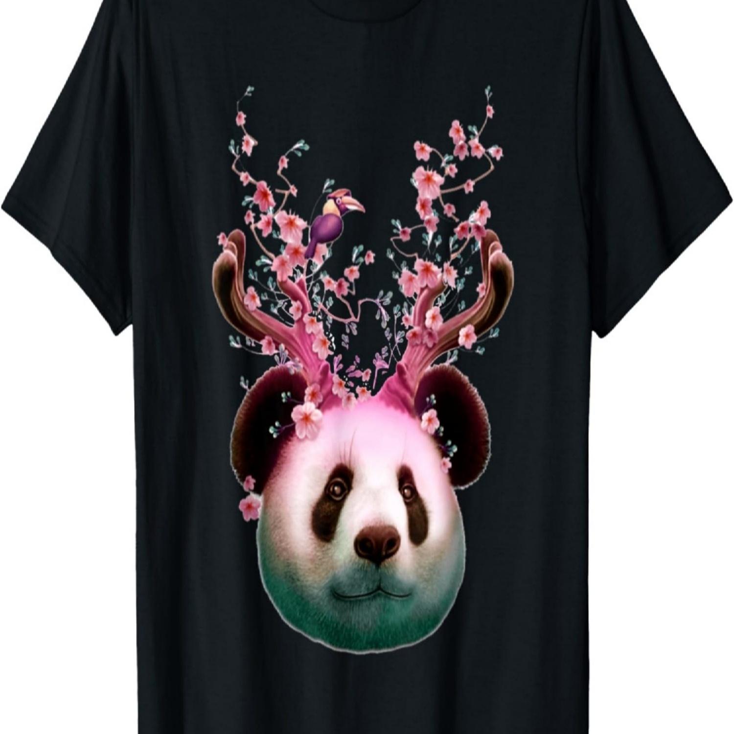 Cute Panda  Cherry Blossom Antlers T-Shirt S чёрный