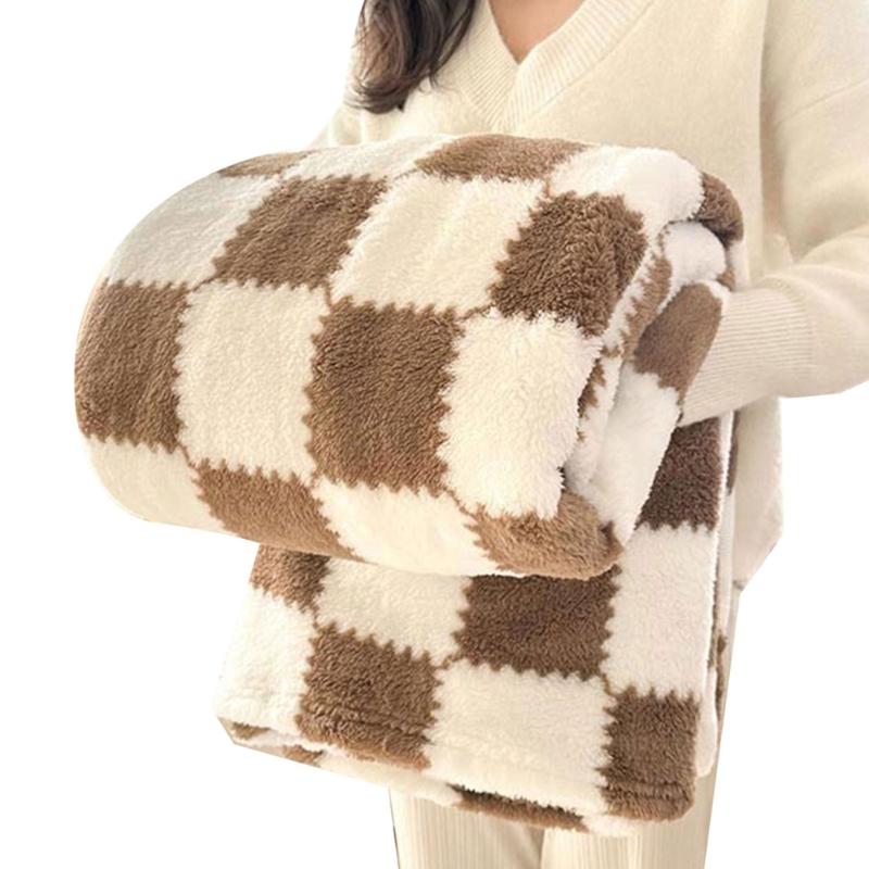 

Thick Corals Fleece Grid Blanket Warm Throw for Home Travel Sturdy Machine Washable Polyester L