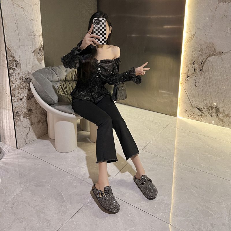 Non-slip Low-heeled Casual Single Shoes Fashionable Round Head Comfortable Versatile Feet Small Rhinestone Half Tray Women's Spring New Models