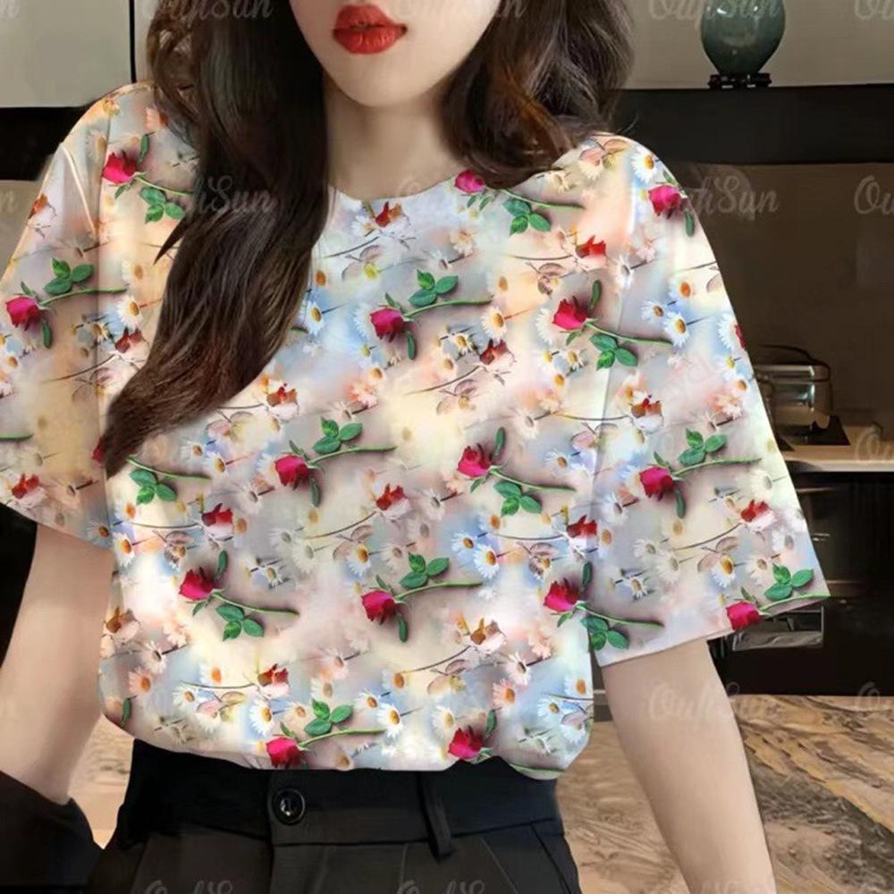 Letní dámské tričko s kulatým výstřihem, květinovým vzorem a 3D potiskem, módní, ležérní, s krátkým rukávem