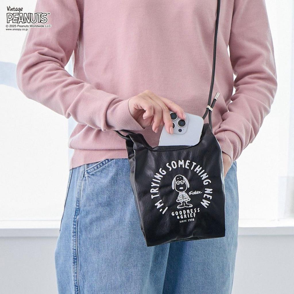 Rootote Snoopy Embroidered Mini Shoulder Bag, 2-Way IP Roo Shopper Mini, Metallic Peanuts 0Q 8460 (01 Black)