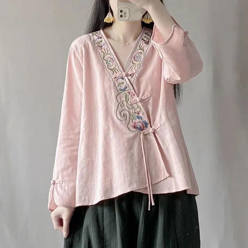 

Women s White Cheongsam-Style Blouse with Embroidery V-Neck Long Sleeve Casual Top L рожевий