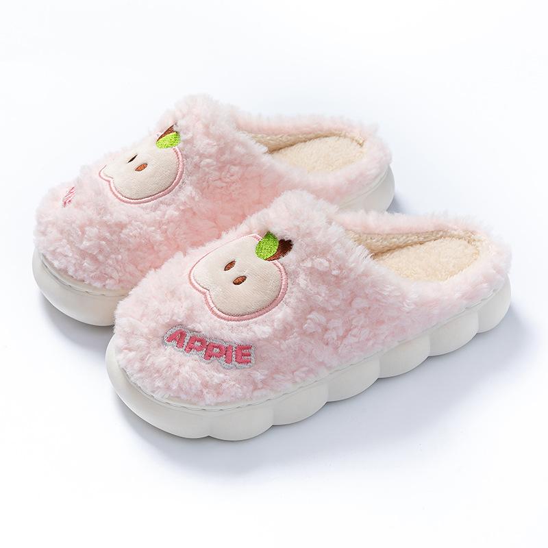 Autumn and winter embroidery thick bottom velvet warm stepping shit cotton slippers home bedroom couple hair slippers