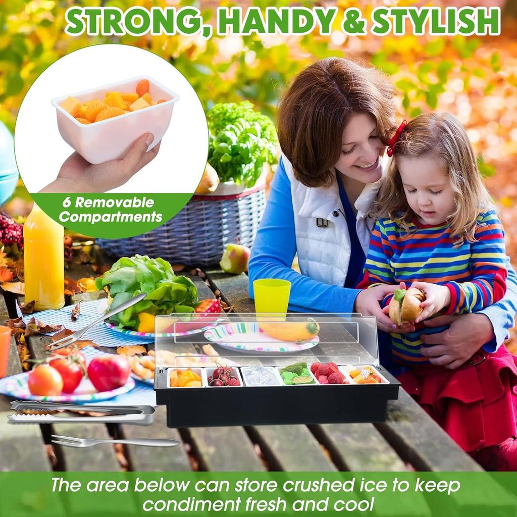 Fruit, Veggie, Condiment Caddy with Lid Dispenser Tray Plastic Garnish Station for Bartending & Serving Taco,Topping Organizer for Restaurant Supplies