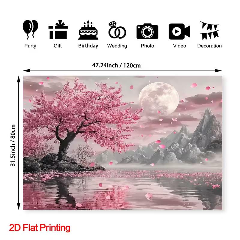 Arazzo 2D Fiori di Ciliegio Onirici Lago Notturno con Luna Rosa Montagna Sfondo Zen