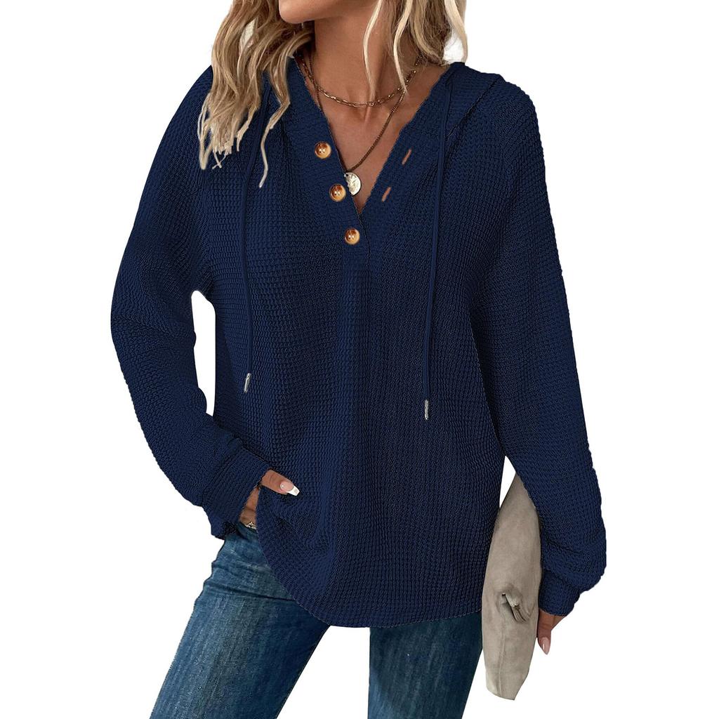 Women's Fashion Long Sleeve Drawstring Hooded Button V-neck Casual Hooded Sweatshirt Top