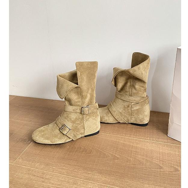 Fashion Seoul Inspired round Toe Motorcycle Boots Women Metal Bule Velvet Surface Knight Sle Mid-Calf Flat Heel Booties Hight Top Shoes
