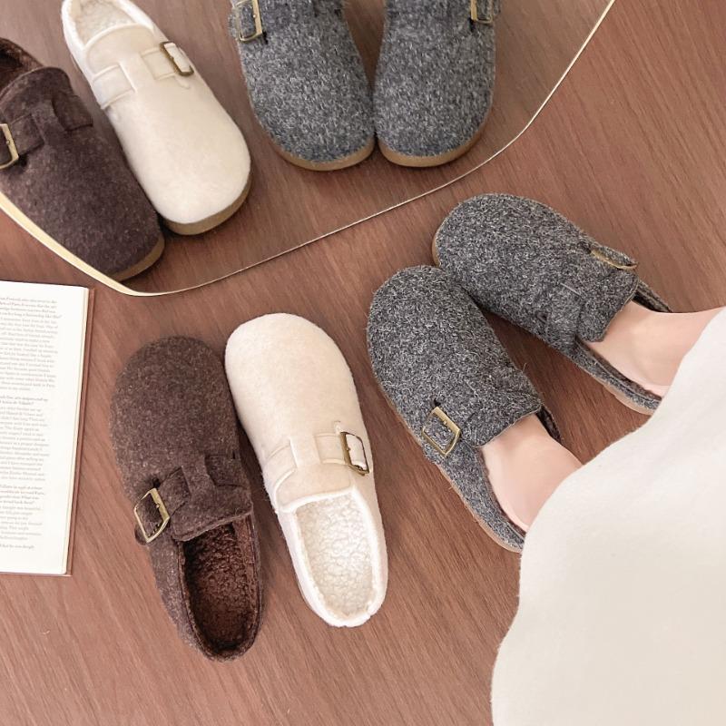 Winter new retro women's lazy half slippers casual non-slip velvet warm outer cotton shoes