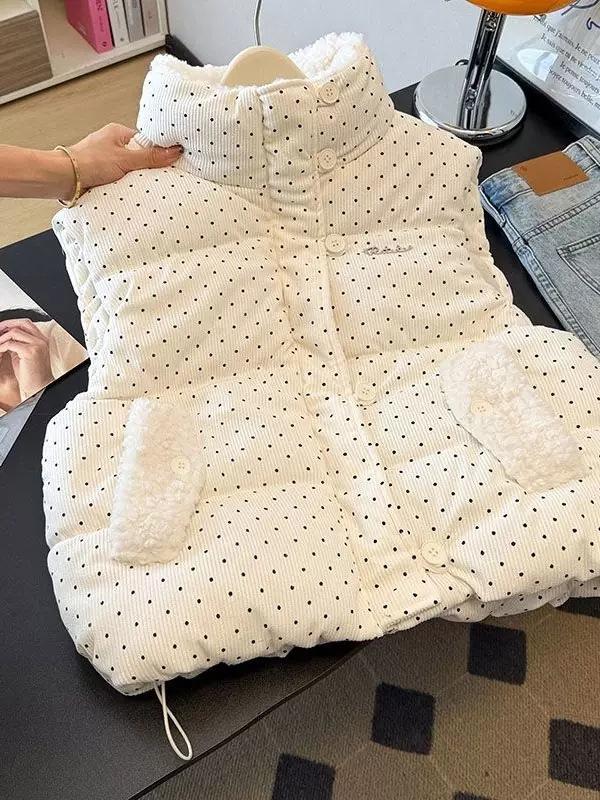 Sweet polka dot knitted splicing vest cotton jacket women's winter loose thickened short warm bread clothing