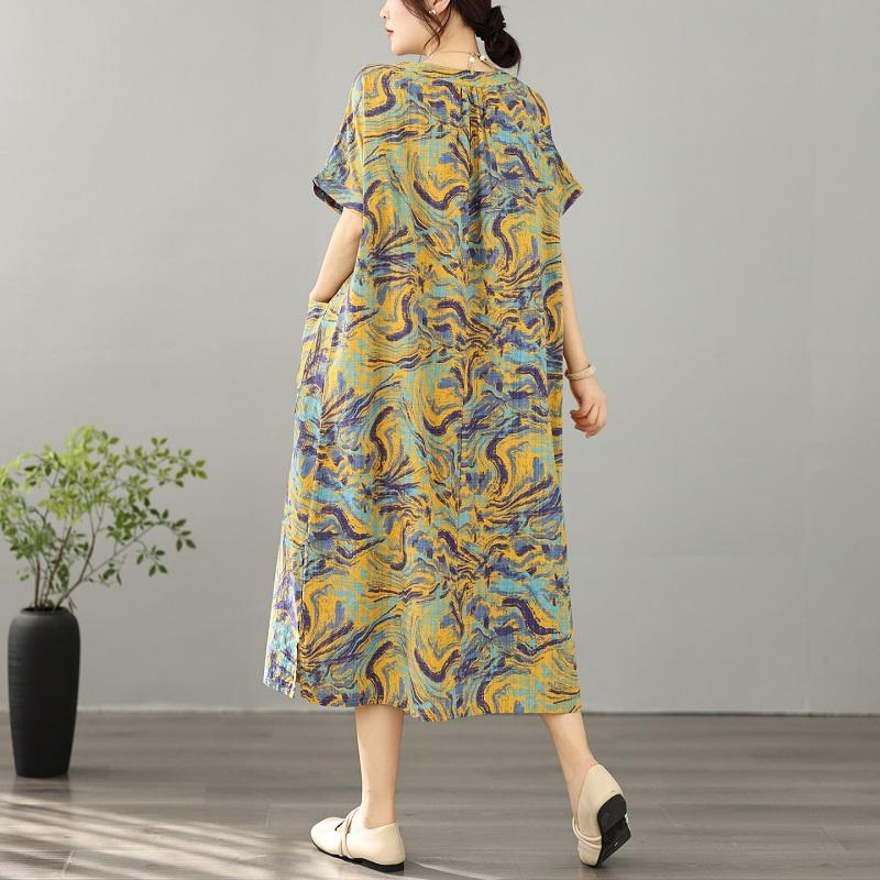 Short Sleeve Plus Size Cotton Linen Vintage Floral New In Dresses for Women Casual Loose Long Summer Dress