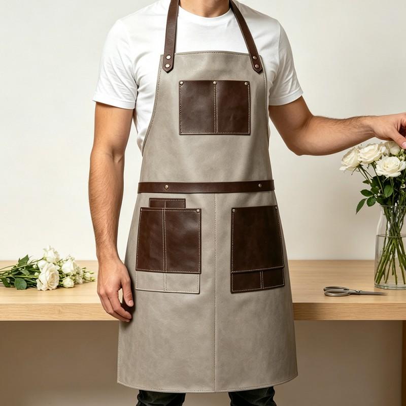 Leather Barber Apron With Adjustable Neck Strap Multiple Pockets Waterproof Oil Resistant Unisex Work Kitchen BBQ Salon