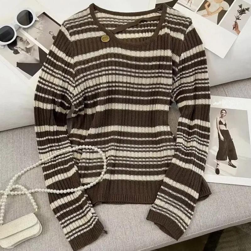 

Женские свитера, пуловеры 2025, осень-зима, длинный рукав, круглый вырез, полосатый черный вязаный свитер, женские топы, пуловер JJ118 One Size кофейный