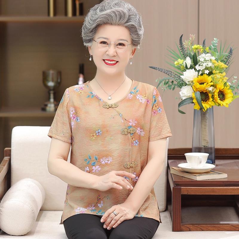 

Summer Cotton & Linen Set for Middle-Aged Women: Fashionable Short-Sleeve T-Shirt for Elderly Ladies 5XL (150-160 jin)