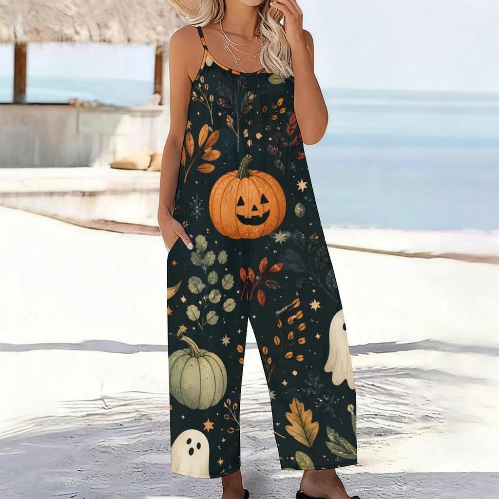 Women Spaghetti Strap Jumpsuit Retro Pop Art Star Heart Cosmic Print Wide Leg Pants With Pockets