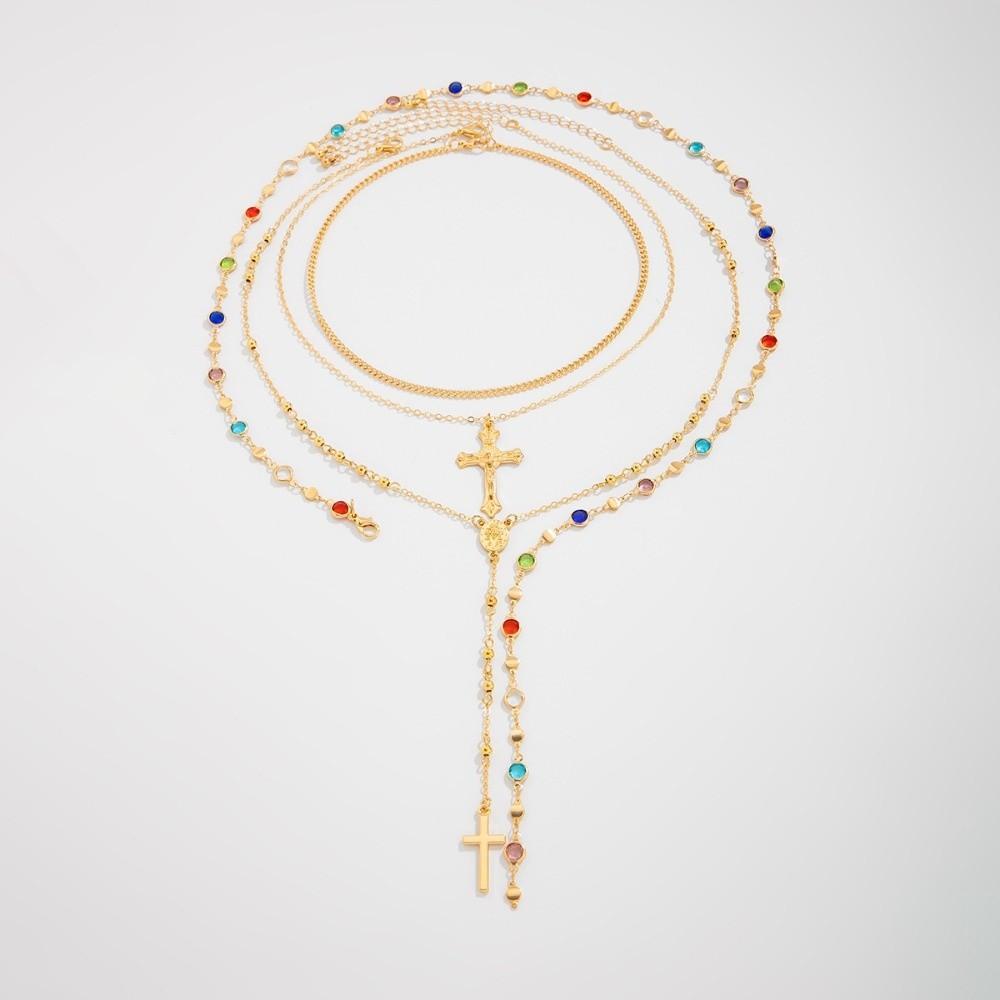 Rhinestone Metal Stacked Necklace Fashion Stacked Collarbone Chain Cross Necklace Set  Accessories