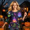 Women’s Casual Three Quarter Sleeve Crew Neck Top with Halloween and Pumpkin Print Loose Fit Comfortable Design