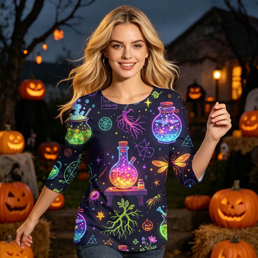 Women’s Casual Three Quarter Sleeve Crew Neck Top with Halloween and Pumpkin Print Loose Fit Comfortable Design