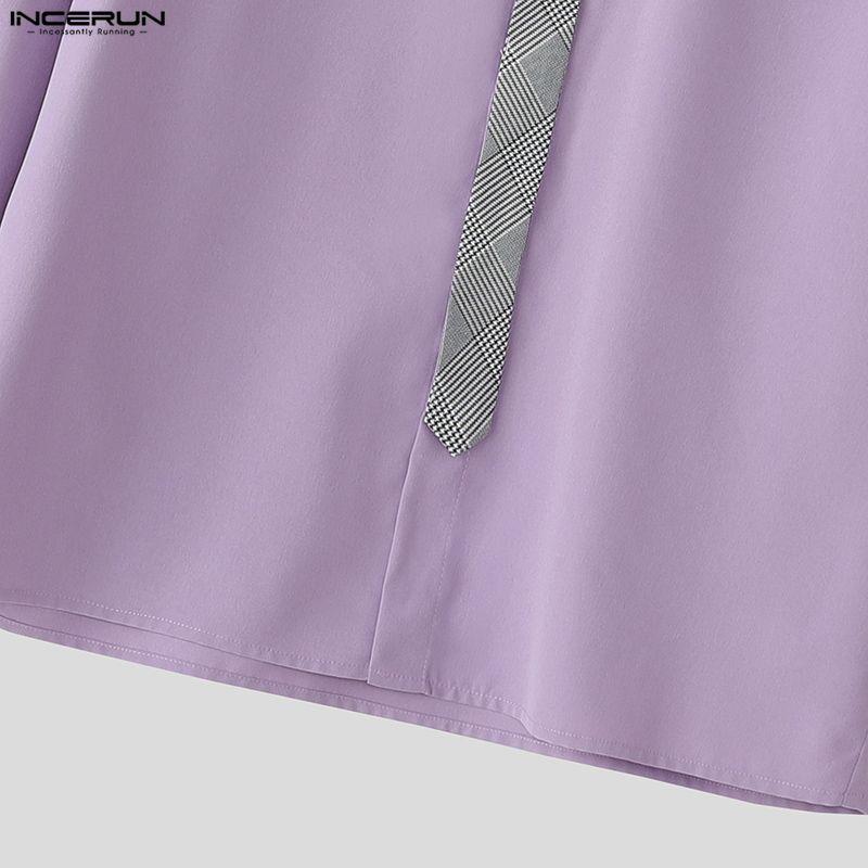 INCERUN Oversized Men Casual Loose Striped Print Patchwork Long Sleeve Shirts Tops