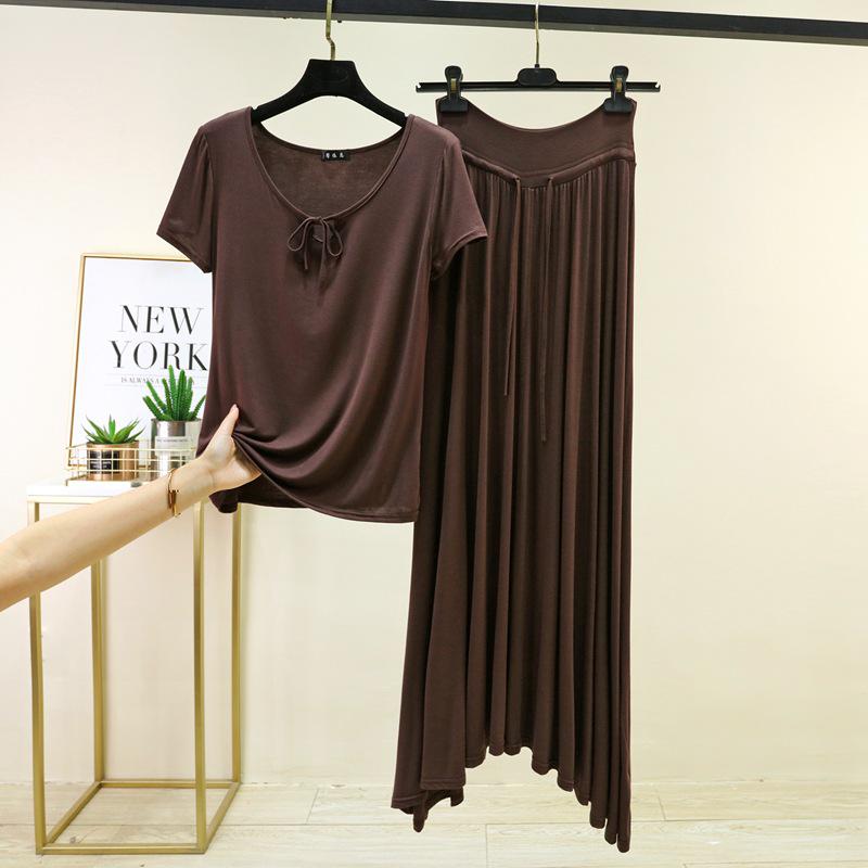 Spring & Summer Modal Tie-Up Round Neck Tee & Drawstring High Waist Long Skirt Set