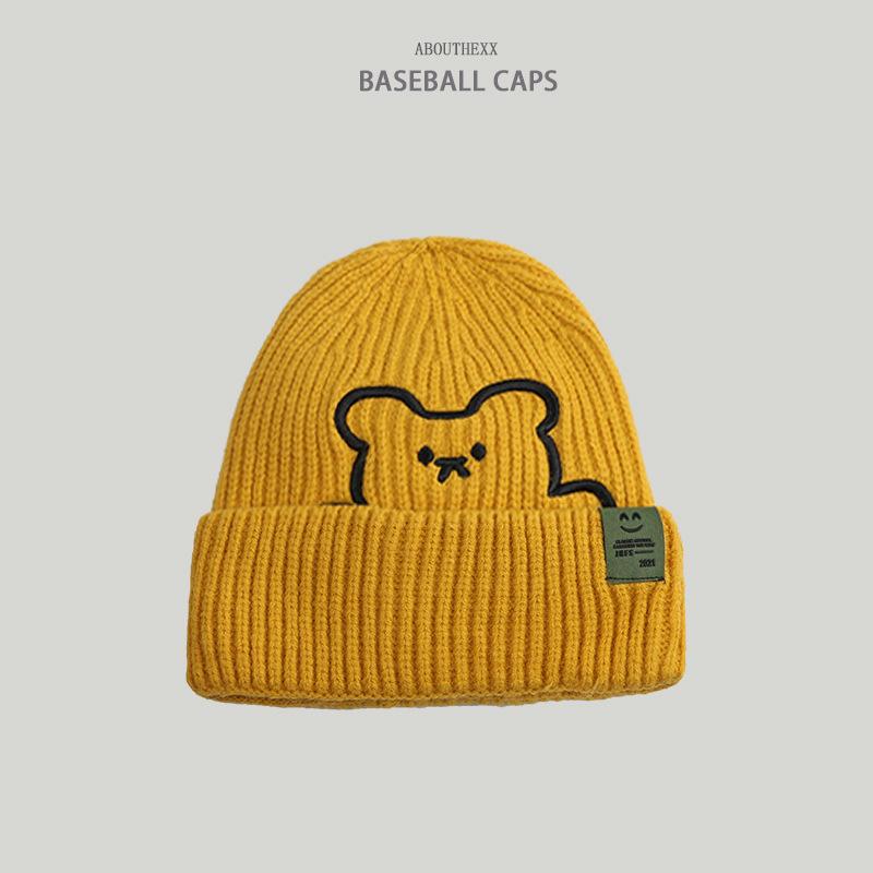 Hats for Women's Autumn and Winter New Bear Embroidered Knitted Hat Korean Style Versatile Wool Hat Couple Smiling Cloth Label Cold Hat Men