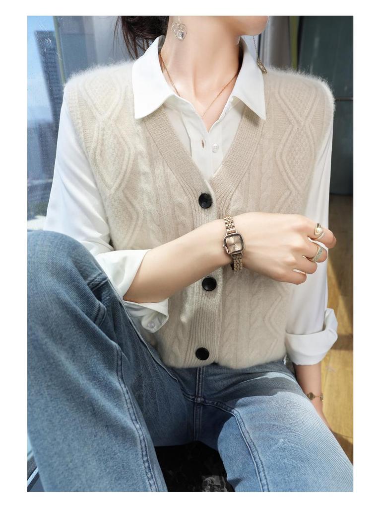 Dámská vlněná kardiganová vesta s výstřihem do V - Vrstvený pletený bezrukávý svrchní oděv s ramenními vycpávkami na podzim/zimu