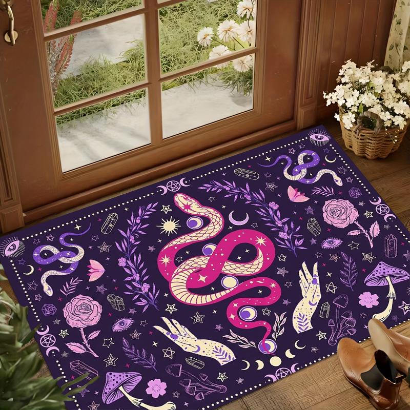 Mystic Witchcraft Area Rug Psychedelic Snake Tarot Carpet for Occult Lover Non-Slip Washable Floormat Doormat Retro Decor Purple