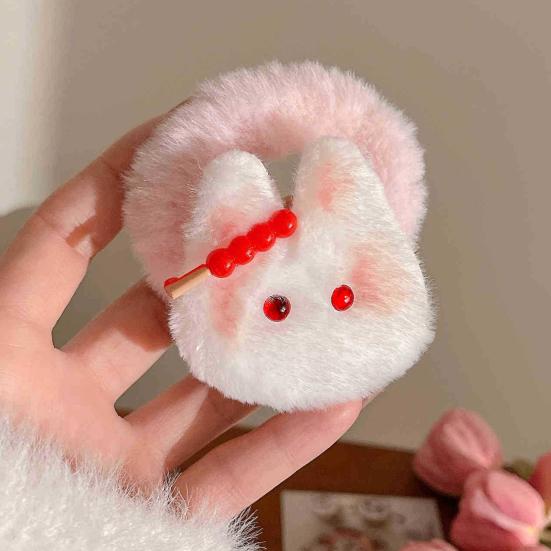 2Pcs Girl Hair Tie Cartoon Rabbit Decor Soft Plush Hair Rope High Elasticity Non-Damaging Fuzzy Hair Band Winter Hair Accessories