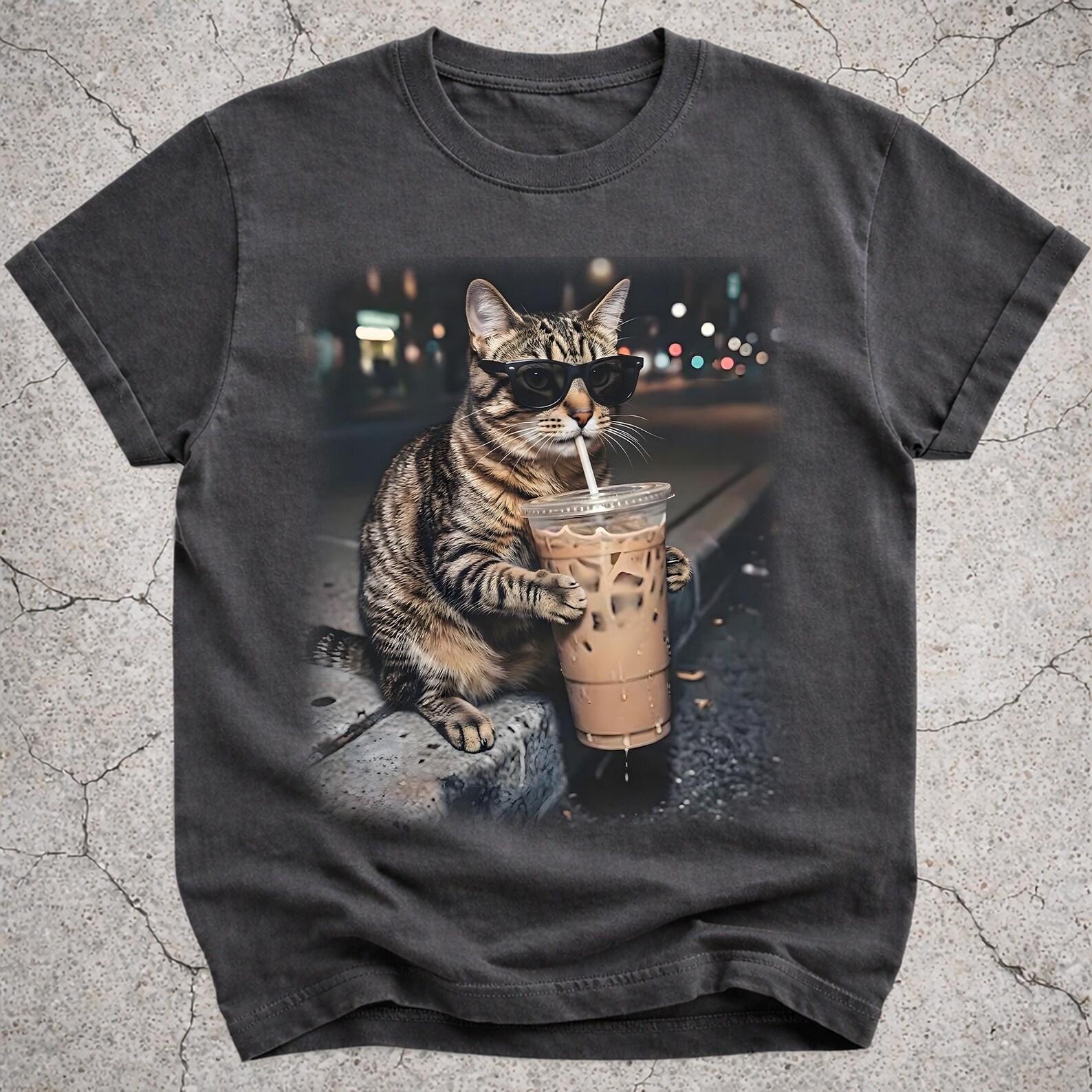 Tabby Cat Drinking Iced Coffee Shirt, Funny Cat Coffee Meme Tee, Silly Brown Tabby T-Shirt, Novelty Coffee Lover Gift for Cat Mom Dad XL