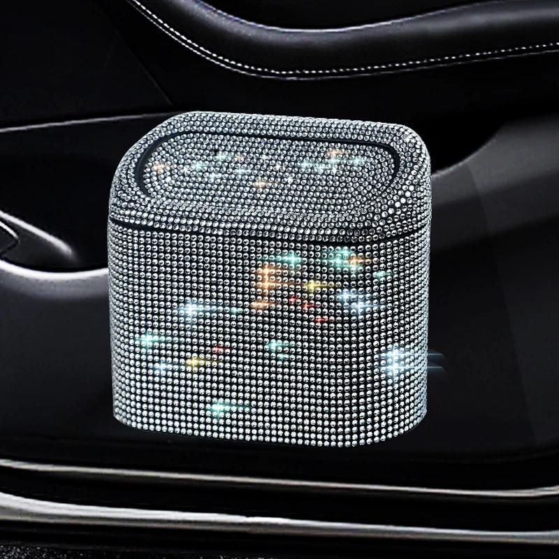 Luxury Bling Rhinestone Car Trash Bin Hanging Garbage Dust Case Storage Box Pressing Type Trash Can Auto Interior Accessories