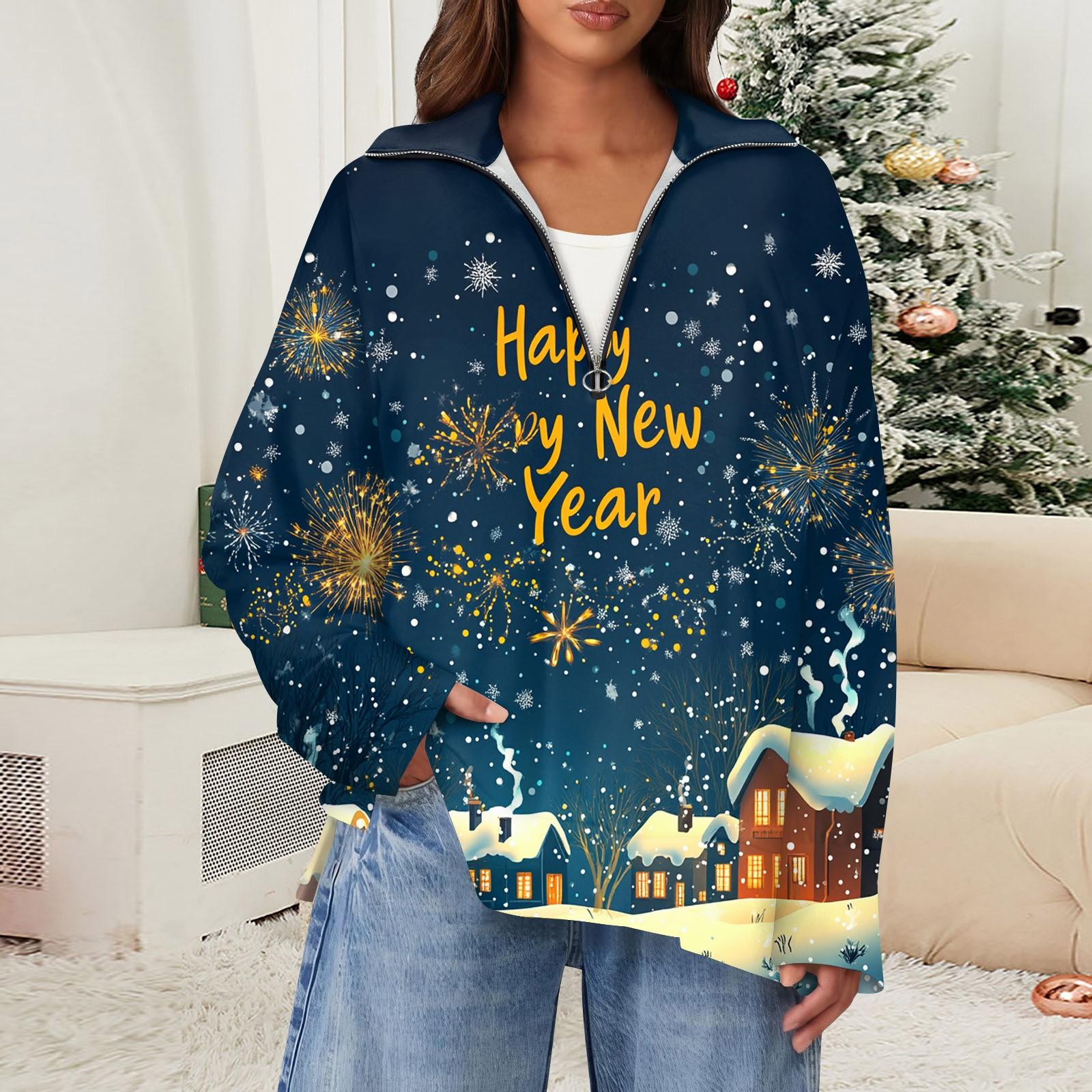 

Женский повседневный свитер с отворотом на молнии и рождественским принтом, с разрезом сверху и сбоку, модная одежда L