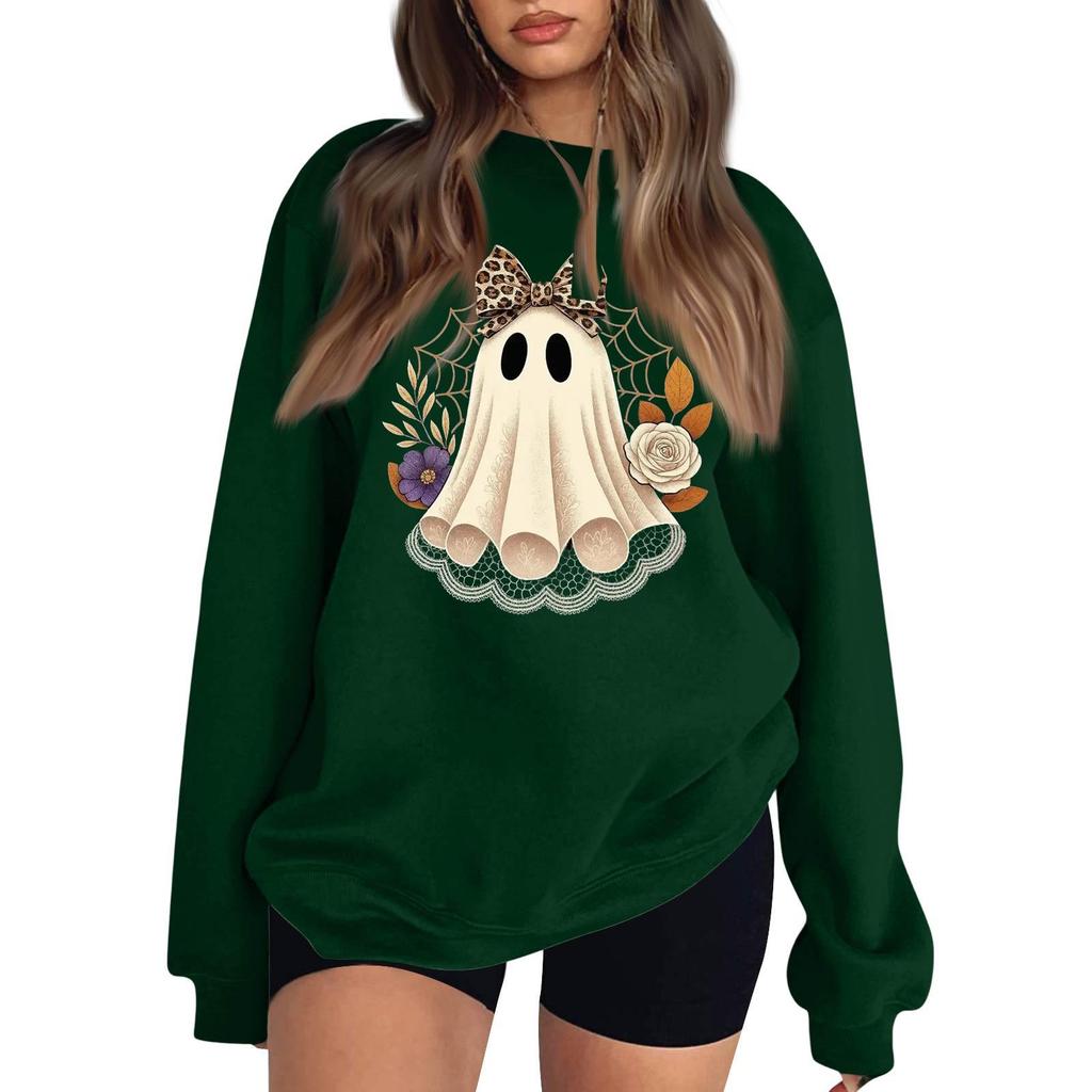 Women's Long Sleeve Neck Sweatshirt Loose Fit Casual Pullover Top with Small Halloween Print