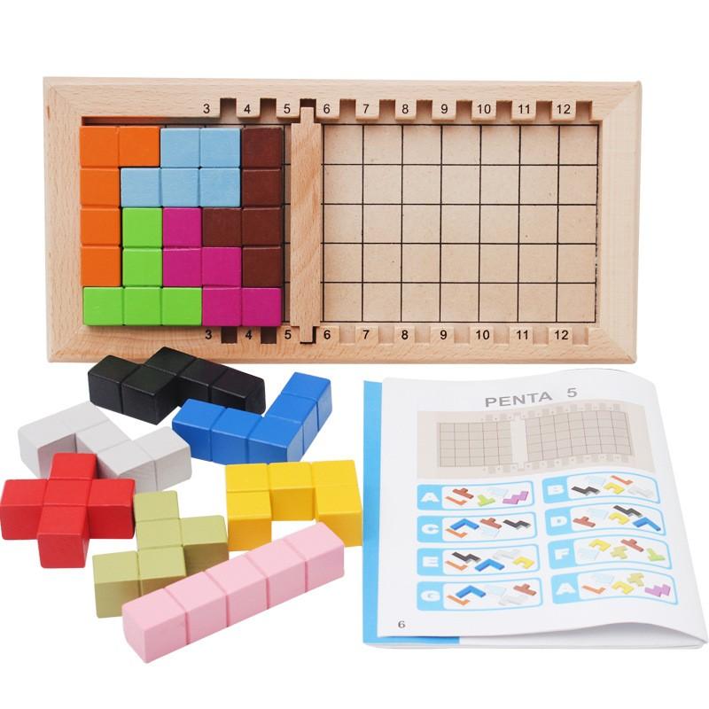 Wooden Puzzle Early Education Intelligence Fun Game Children Thinking Logic Square Toy Puzzle Pentomino Mind Brain Teasers
