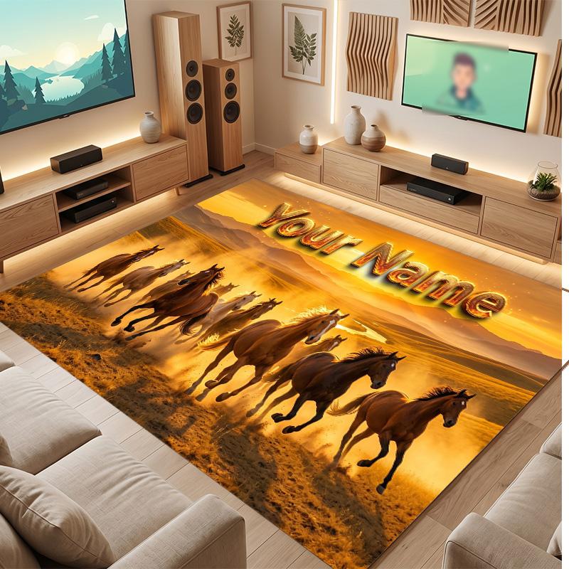 Horse Theme Soft Crystal Velvet Rug Custom Name & Text Print Non Slip Floor Rug for Bedroom Living Room