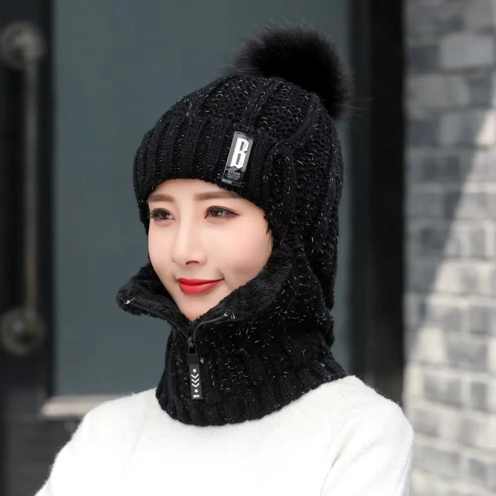 

Casual Windproof Wool Knitted Hat Neck Warmer Thickened Ear Protection Hat Keep Warm Pompoms Hat for Women