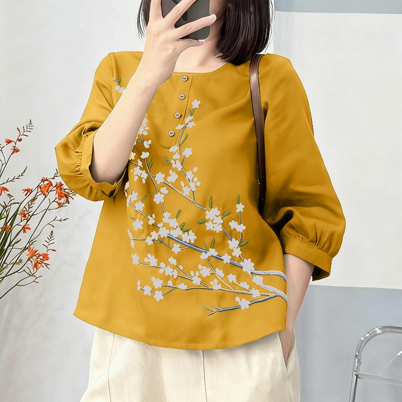 

ZANZEA Женская повседневная блузка с круглым вырезом и рукавом 3/4 с принтом 3XL жёлтый