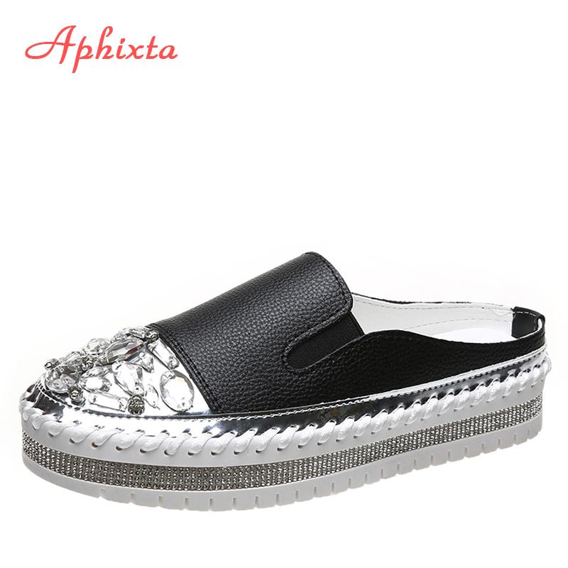 Fashion Aphixta 2024 Luxury Crystals Half Slides Women Bling Rubber Diamond Women Shoes Hand Stitching Platform Slippers For Women