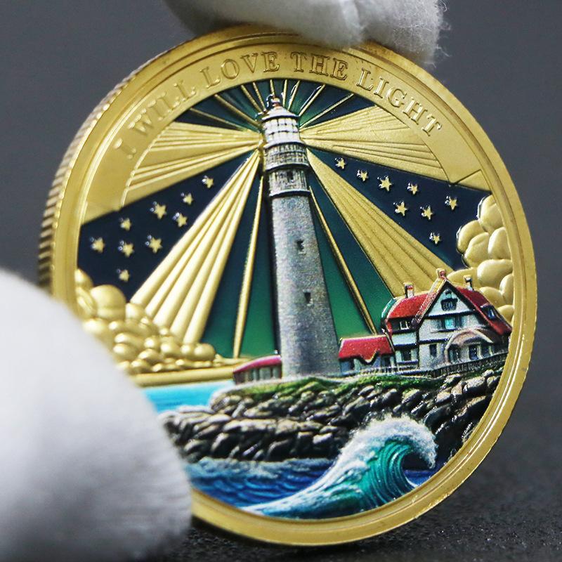 Moeda comemorativa de farol, alto relevo, medalha comemorativa, moeda, ornamento artesanal, banhada a ouro e prata