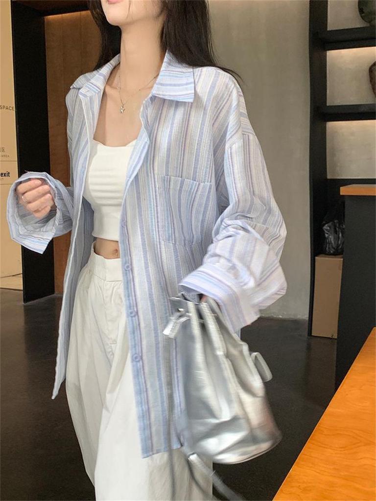 Women's Striped Polo Collar Long-Sleeved Sun Protection Shirt - Lightweight and Loose-Fitting for Summer