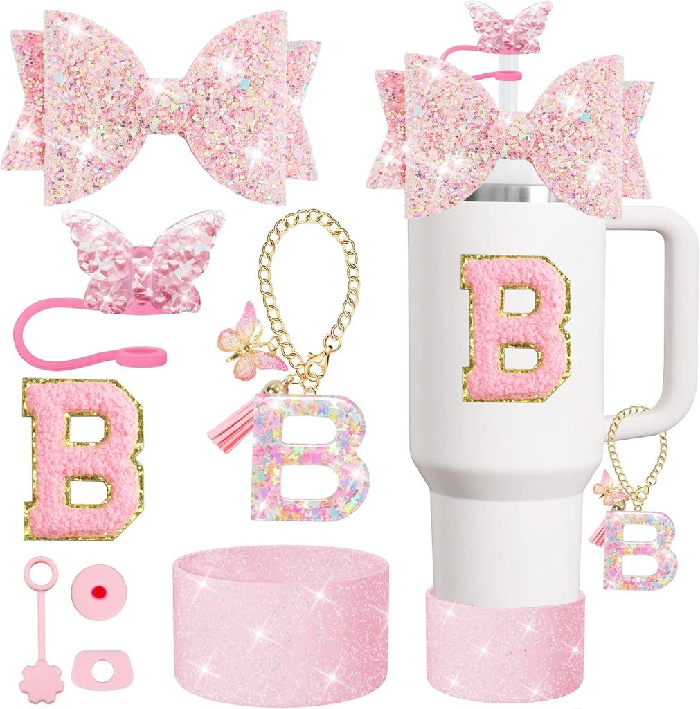 Set 8 buc Accesorii pentru Cană pentru Pahar Stanley 30oz 40oz Topper Paie Capac Acoperiș Boot, Dop Antivărsare Charm Autocolant Inițiale