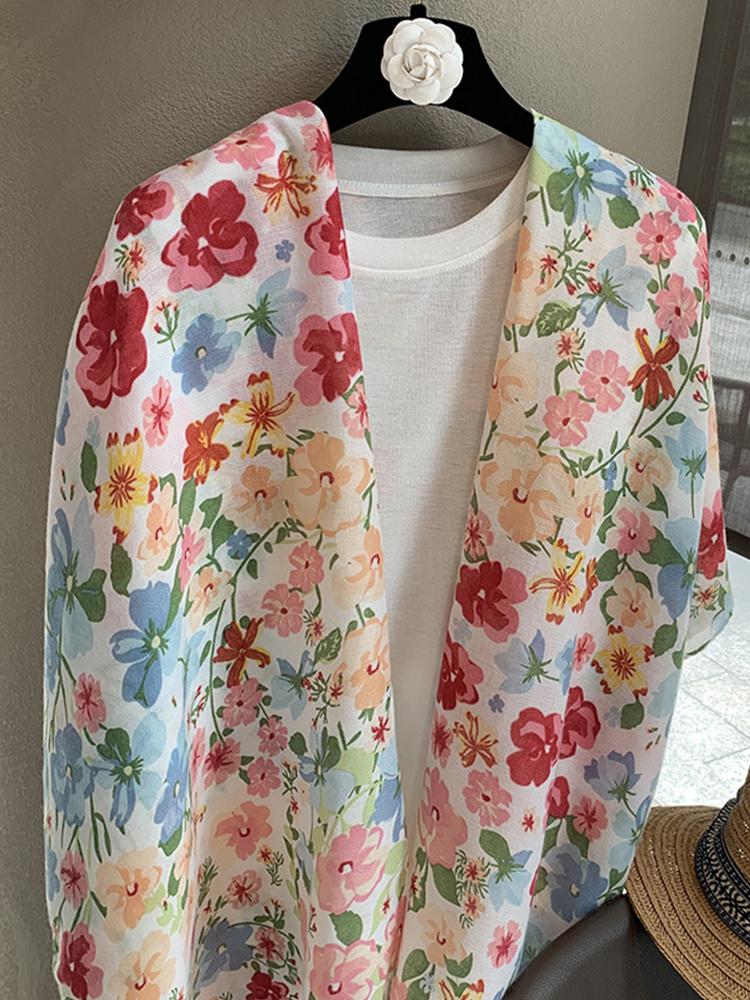 Elegant Women Silk Scarf Wrap Shawl Sweet Floral Print Sunscreen Bandanas Hijab Mujer Scarve Pareo Headscarf Boho Travel Korean