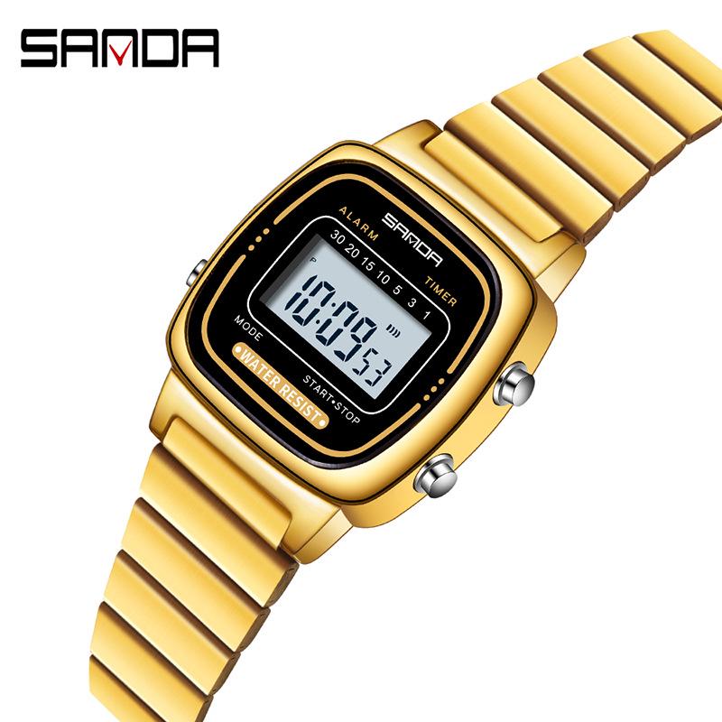 SANDA Retro Steel Band Square Dial Waterproof Alarm Clock Watch for Men & Women