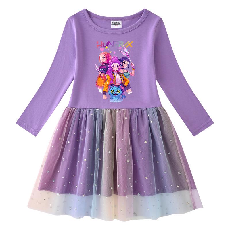 Children's Kpop Demon Slayer Rainbow Sequin Mesh Princess Dress - Short Sleeve for Summer, Long Sleeve for Spring/Autumn