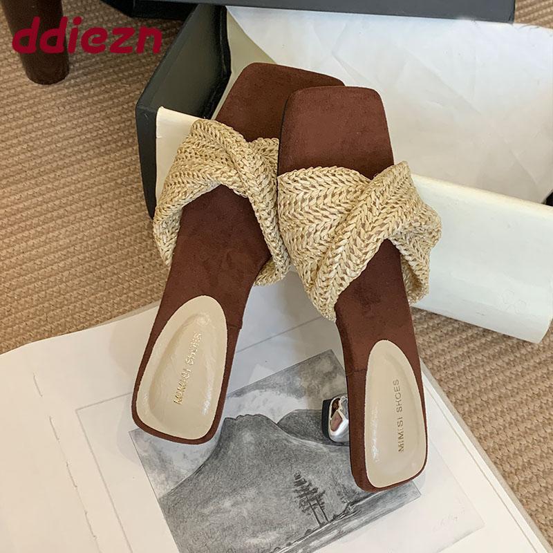 Fashion Fashion Strange Heels Women Sandals Slides Shoes 2025 New Female Shallow Footwear Square Toe Ladies Heeled Sandals Shoes