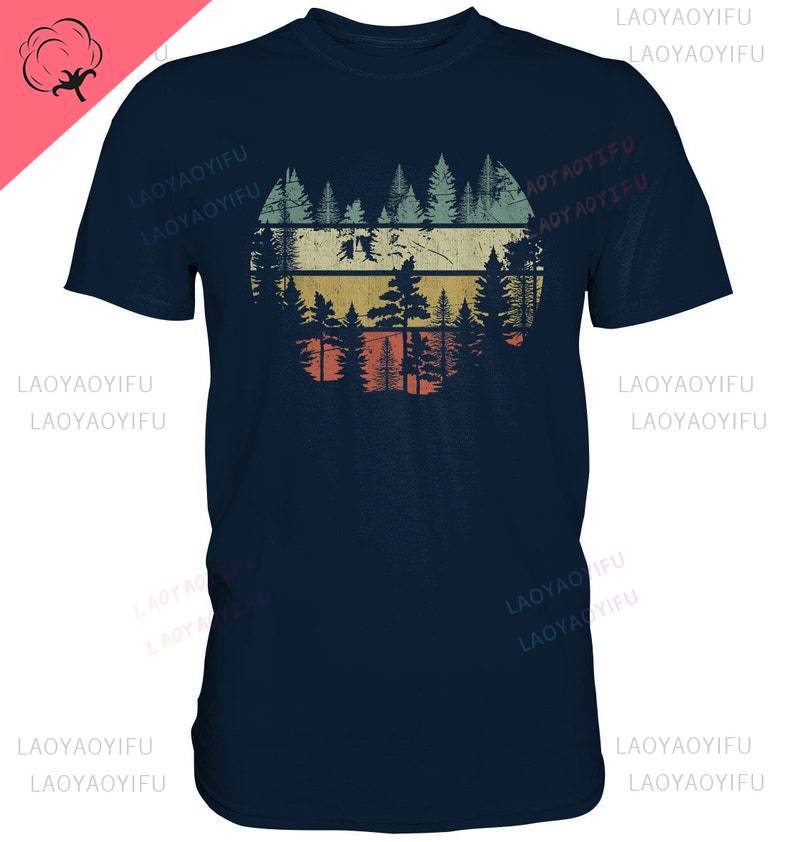 Mountains Vintage Trees Forest Outdoor Hiking Retro Wood Printed TShirt Nature Premium Shirt Summer Men Clothing Shortsleev