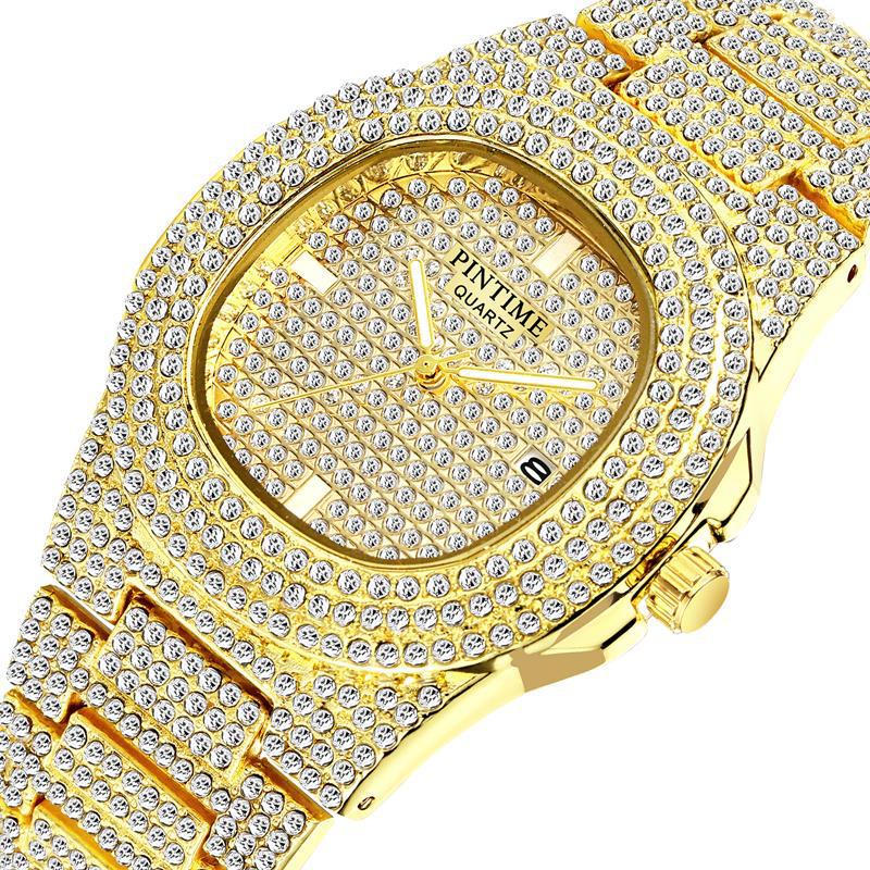 PINTIME Luxury Men's Watches Iced Out Diamond Case Waterproof 30m Stainless Steel Clasp Fashion Quartz Wristwatch Calendar Reloj