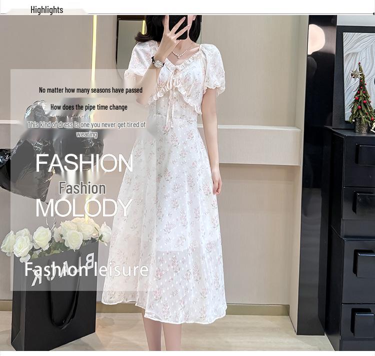 Summer Ruffle Collar Print Dress: Mid-Length Puff Sleeve, Off-the-Shoulder, Two-Way Wear