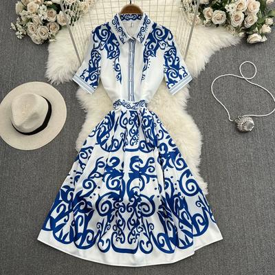 Summer Women Designer Print Runway Dress Short Sleeve Lapel Shirt Party Dresses