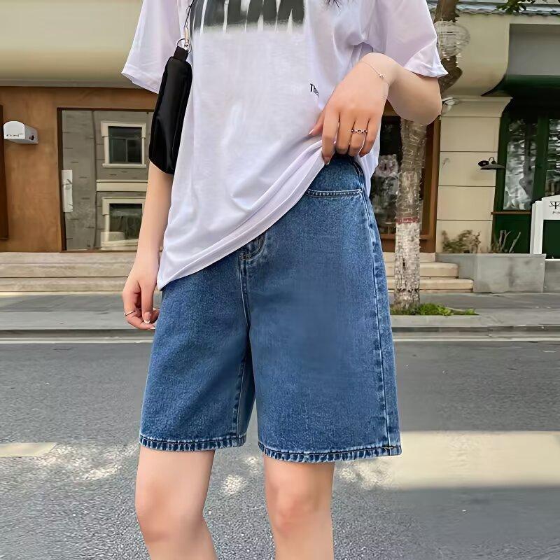 Retro denim five-point pants women's summer new trendy high-waisted thin small straight-leg medium pants thin